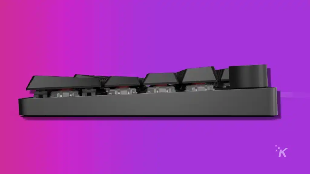 side product shot of das keyboard mactigr keyboard on purple background