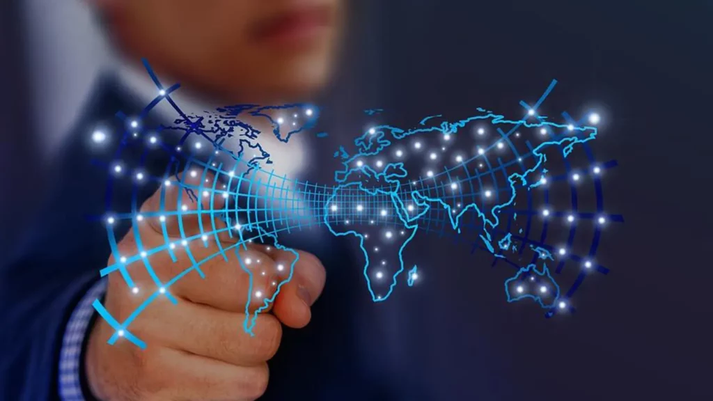 person pointing at a digital map