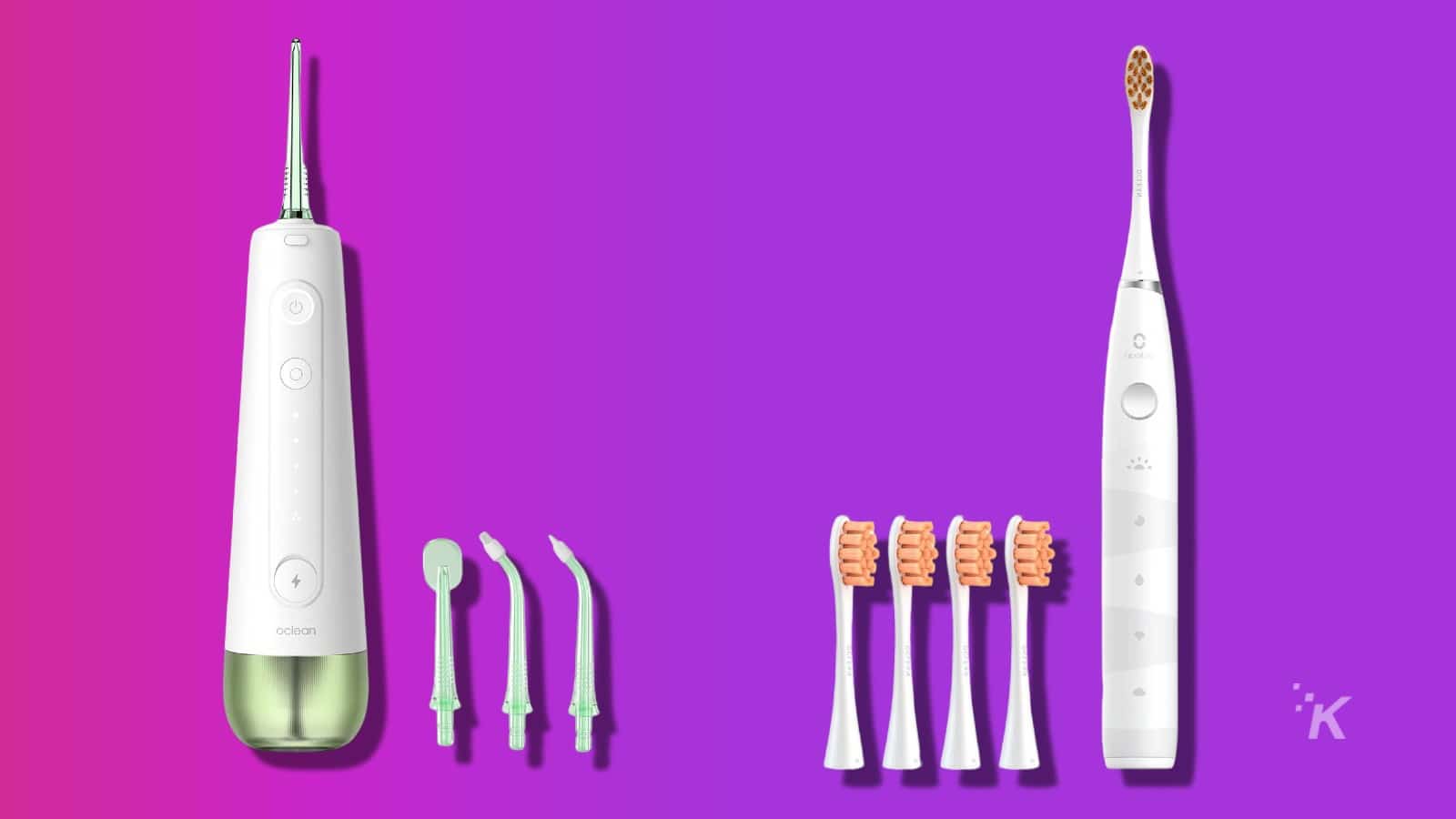 Oclean flow toothbrush and w10 water pick flosser on purple background