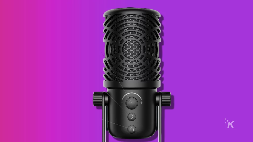 Front view of a oneodio fm1 usb microphone on purple background