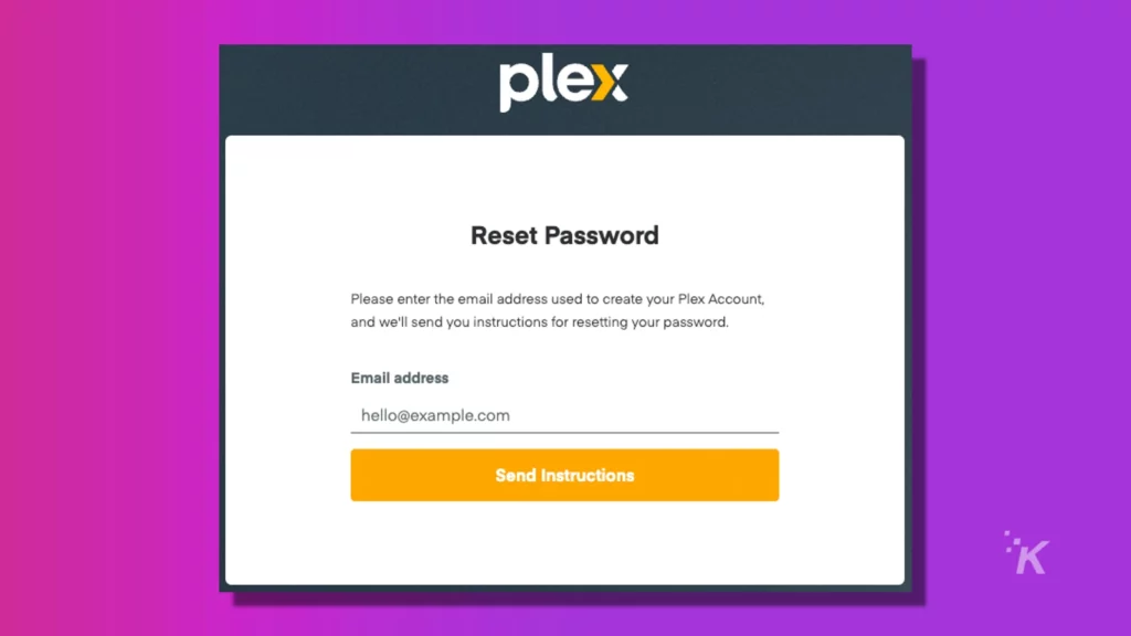 image of a plex password reset screen on purple background