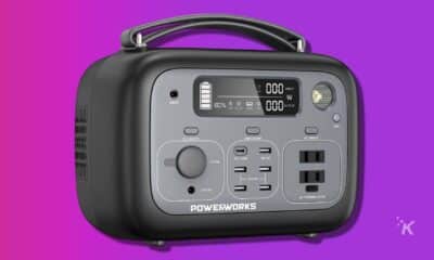 powerworks portable powerstation on a purple background