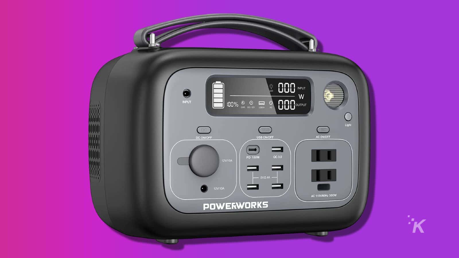 Powerworks portable powerstation on a purple background