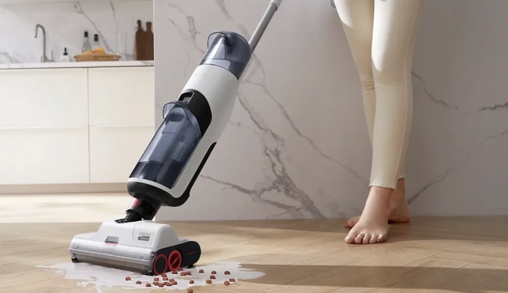 woman cleaning spill on hardwood floor with roborock dyad wet dry vac