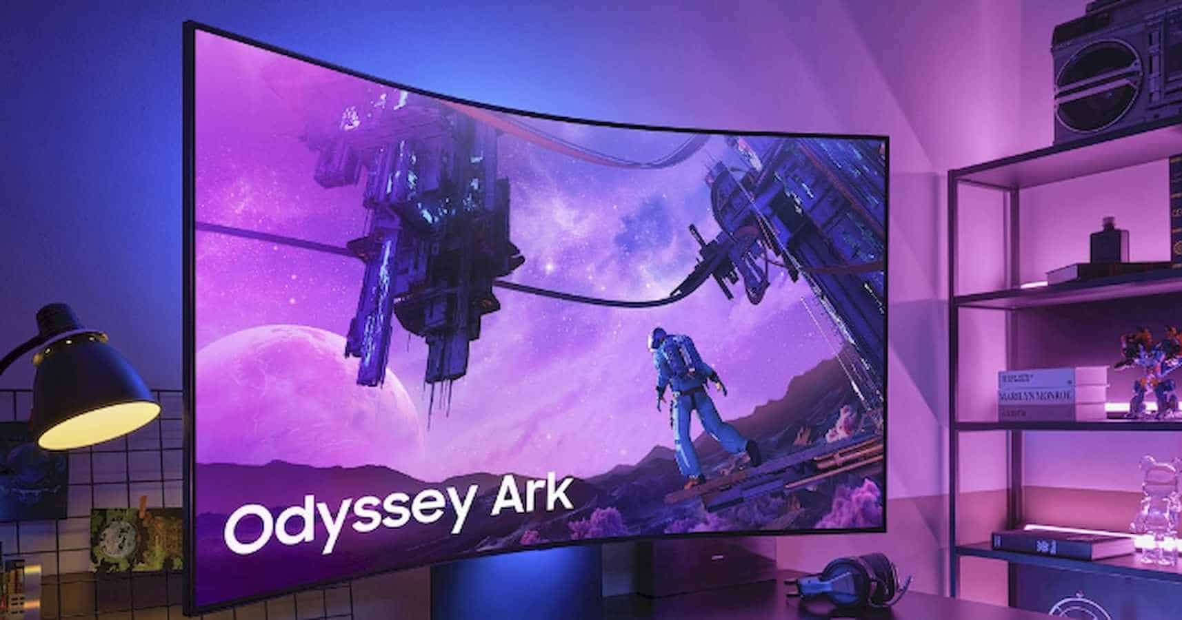 samsung odyssey ark in office gaming setup with lights in the background