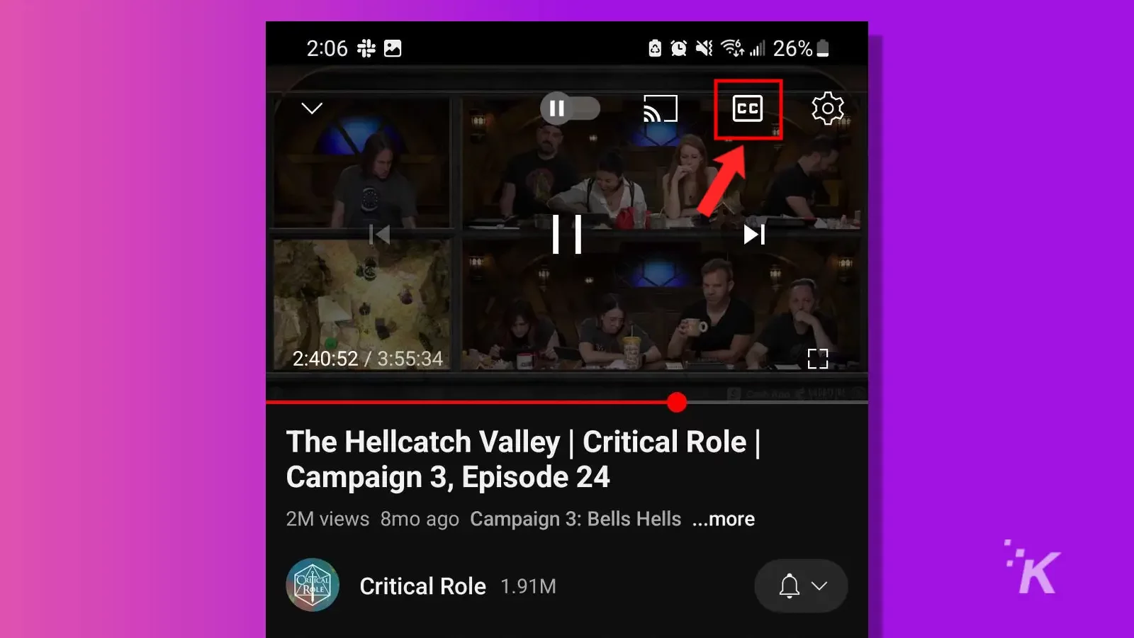 youtube mobile closed captions button