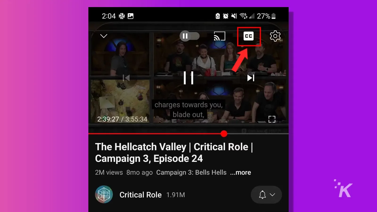 youtube mobile closed captions button toggled on