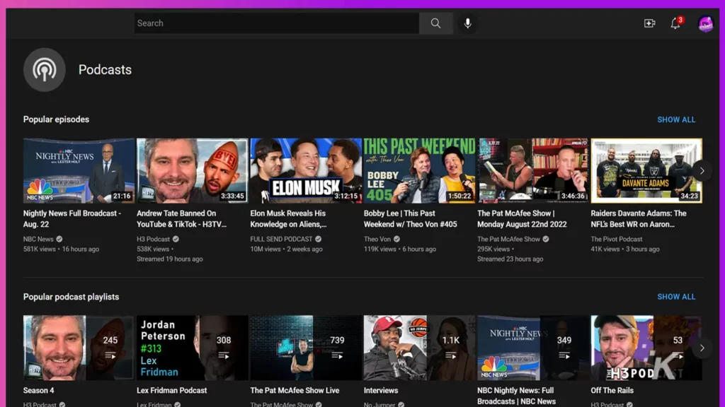 youtube podcasts screenshot