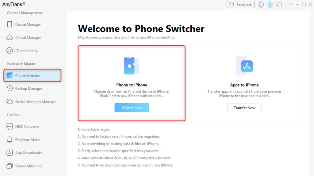 Anytrans software to screen to move android to iPhone