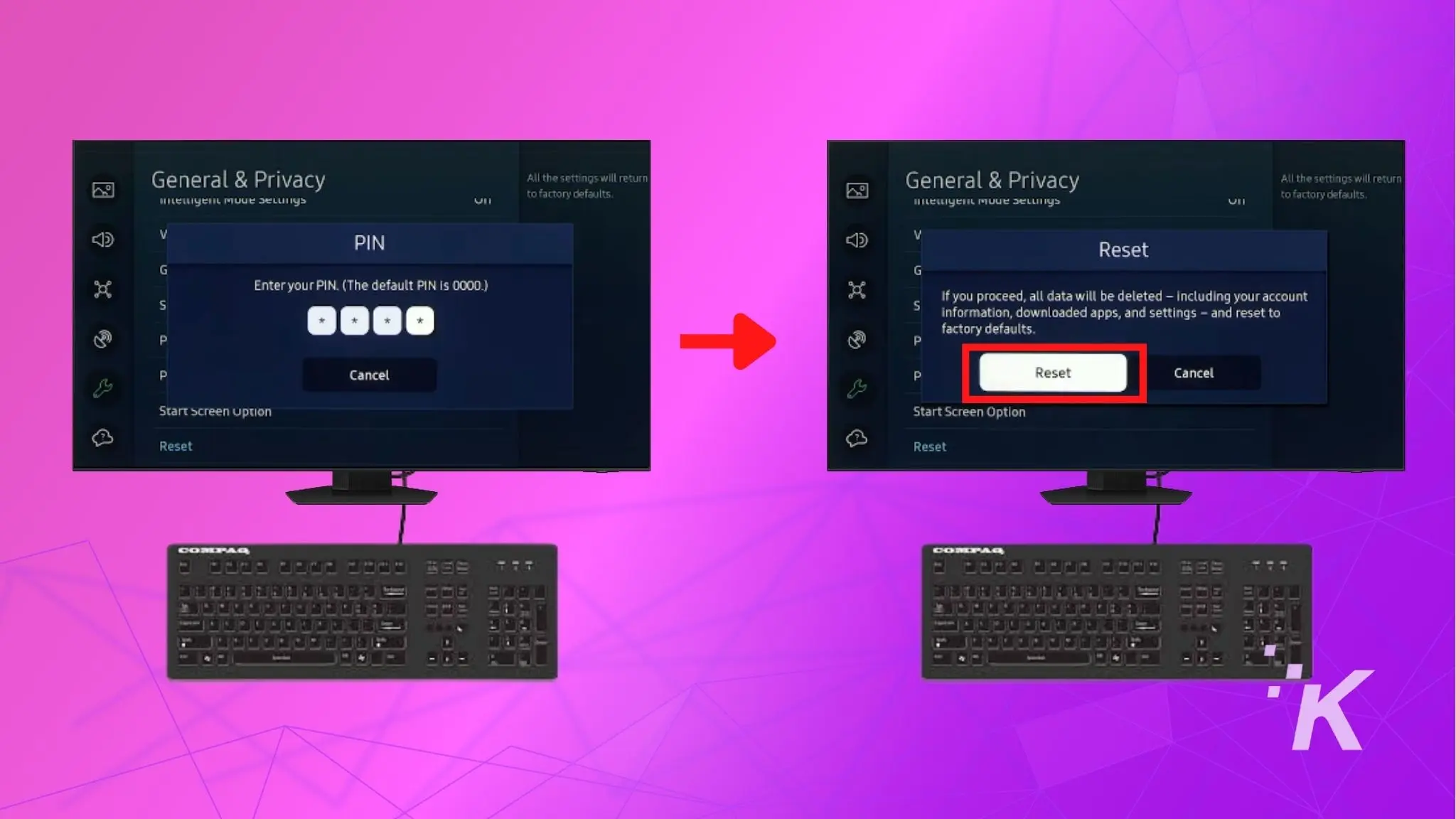 Tv screen showing instructions to reset