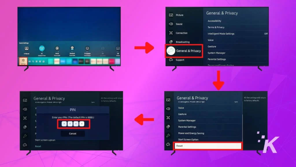 Showing factory reset settings on samsung tv