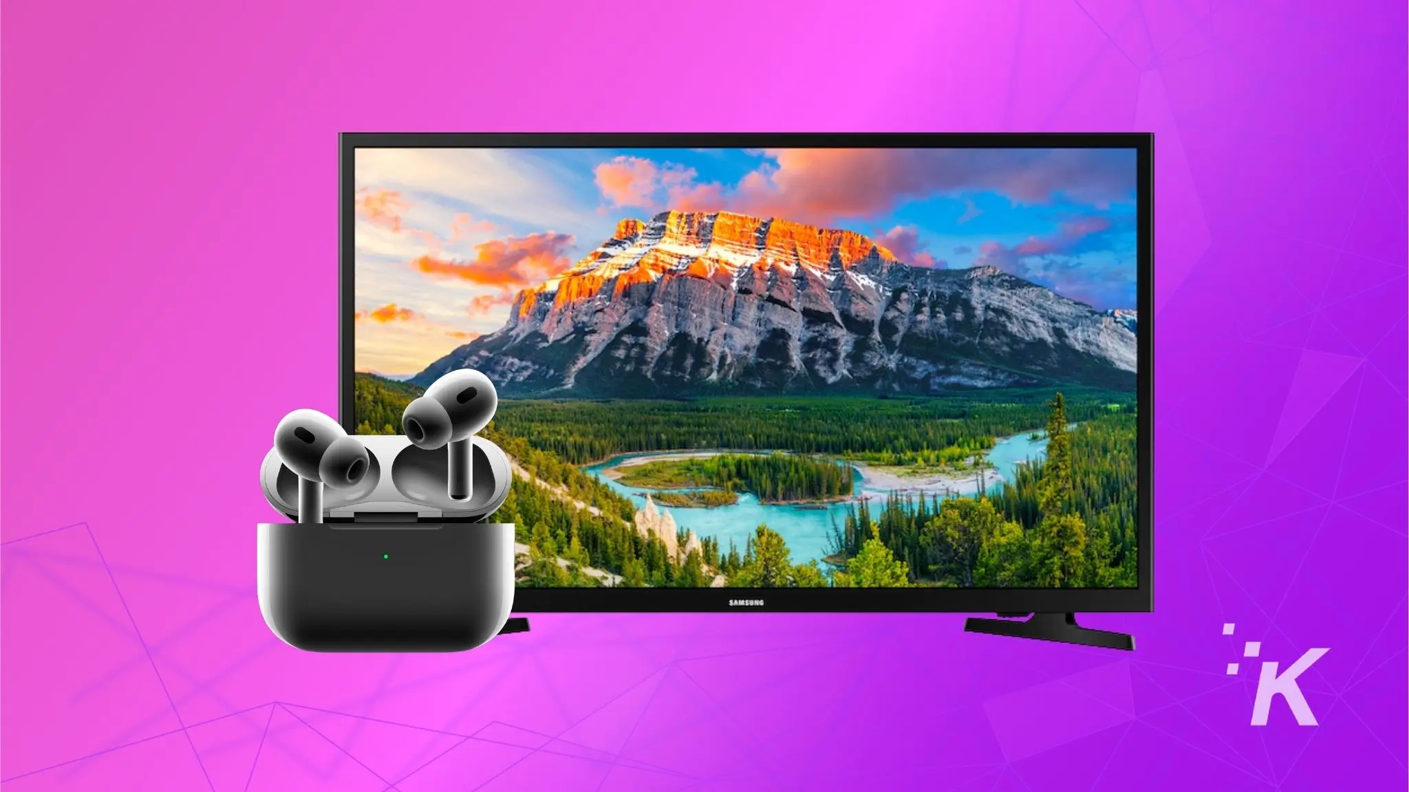 Samsung Tv and Airpods on purple background