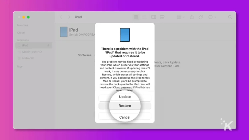 restore screen on ipad