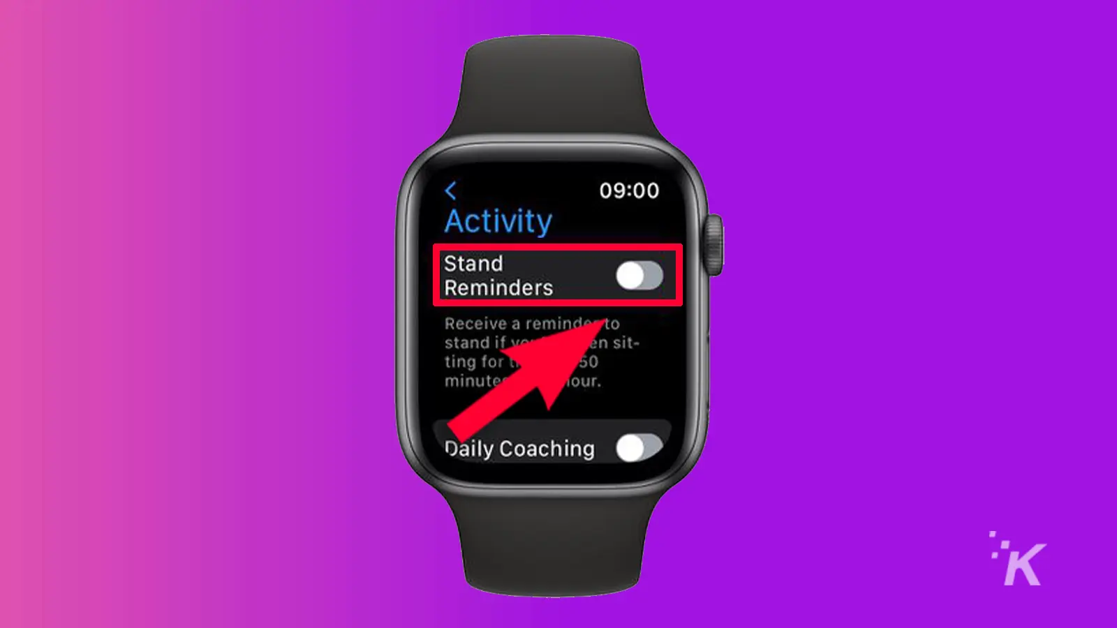 Apple watch with arrow pointing to standing reminder