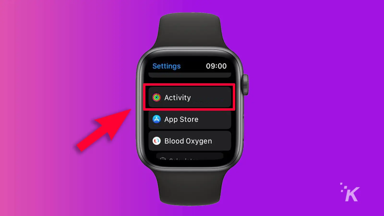 Apple Watch with arrow pointing to activity tab