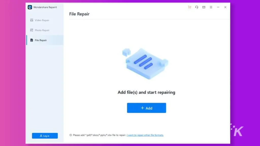Wondershare Repairit add a PDF file screen