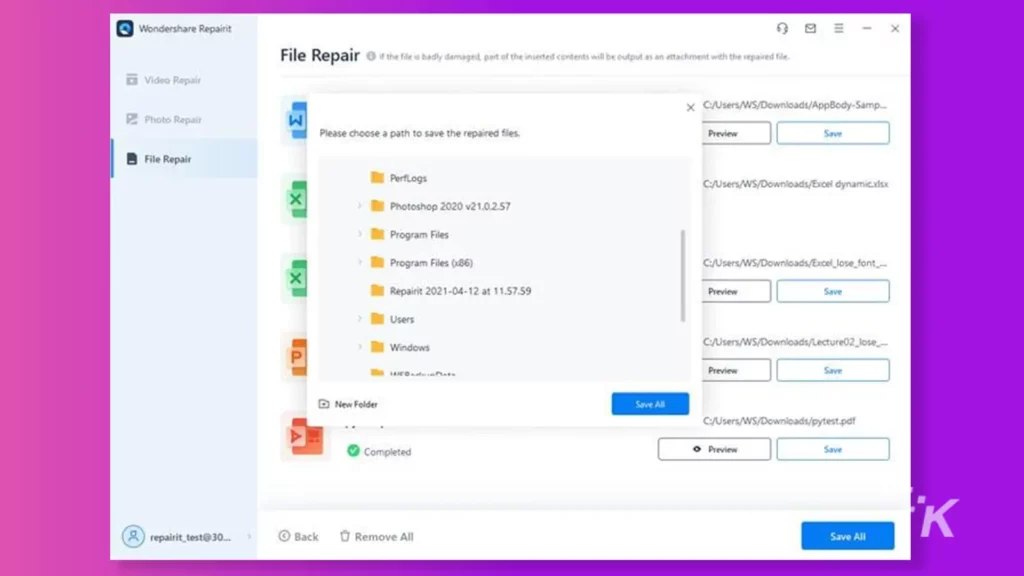 Wondershare Repairit review and save pdf file screen