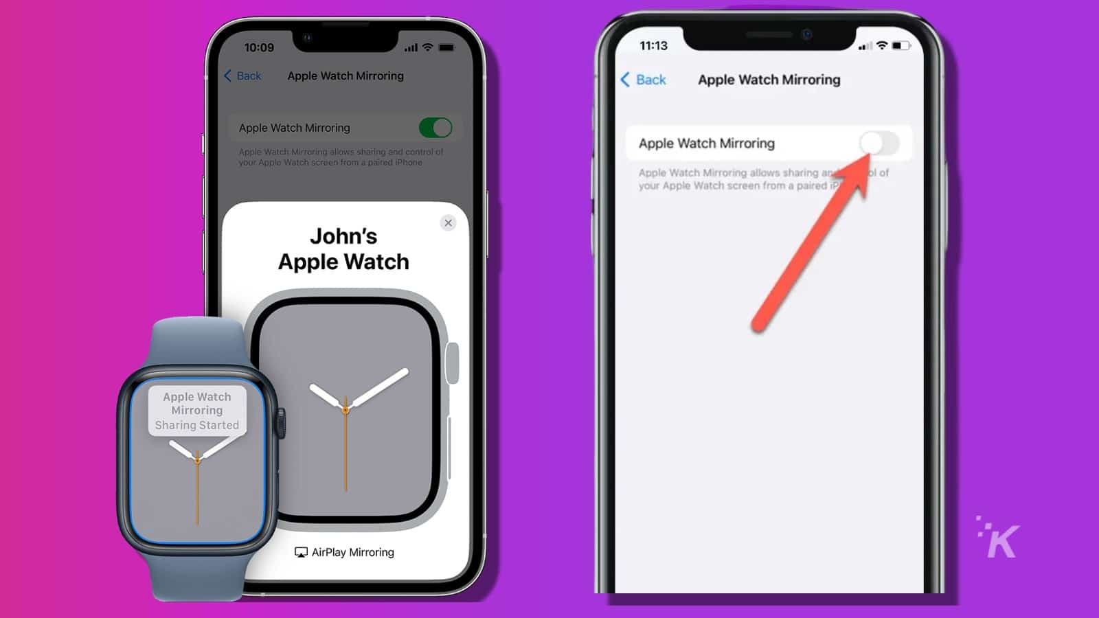 apple watch mirroring iphone control on purple background