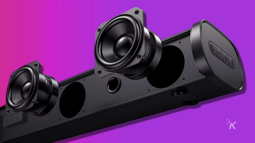 bomaker soundbar speaker on purple background