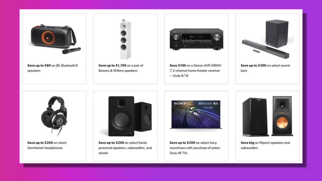 Crutchfield sales page on a purple background