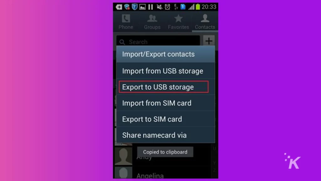 export to usb screen on phone