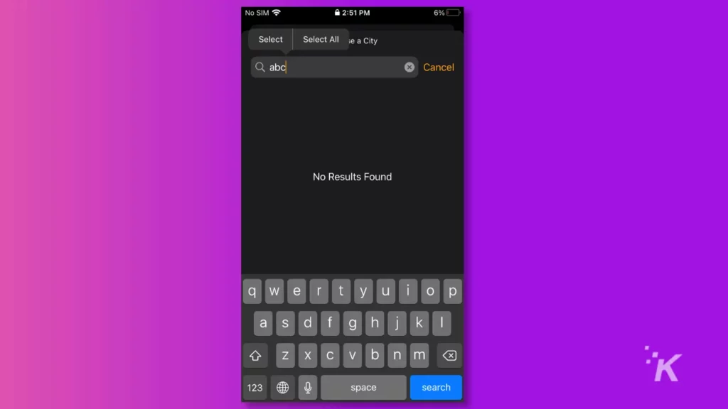 iPhone screen with no results found above the keyboard