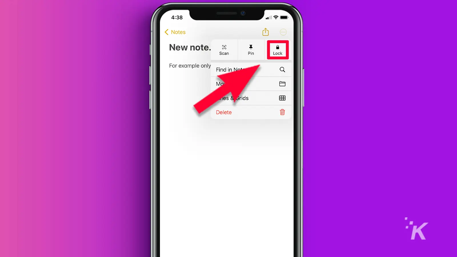 Iphone in notes screen with arrow pointing to lock icon