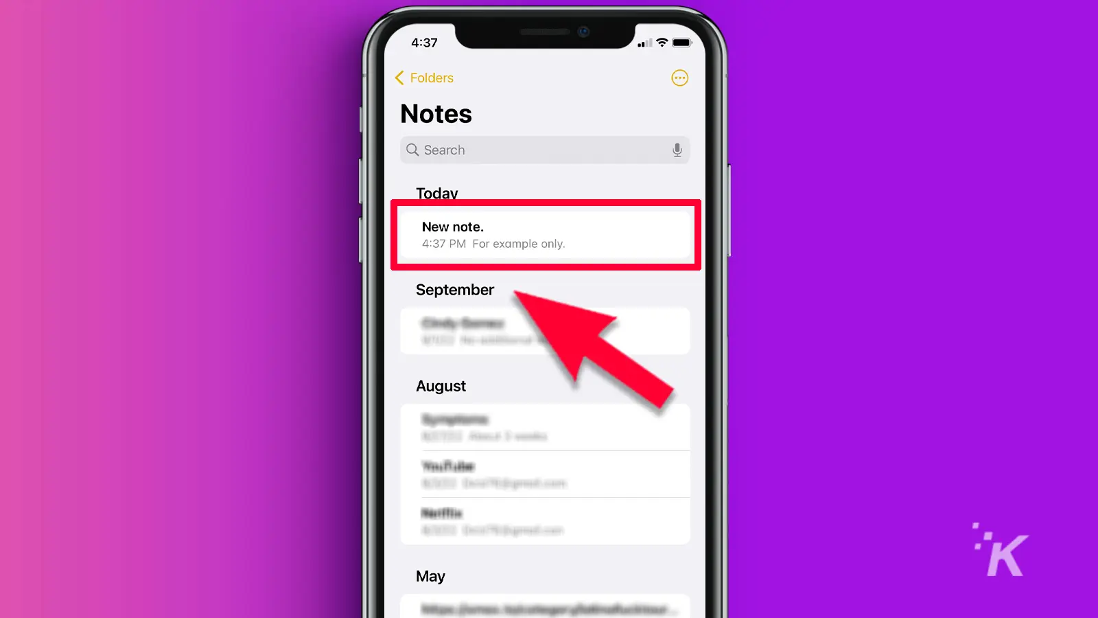 Iphone in the notes app with  arrow pointing to new note with purple background