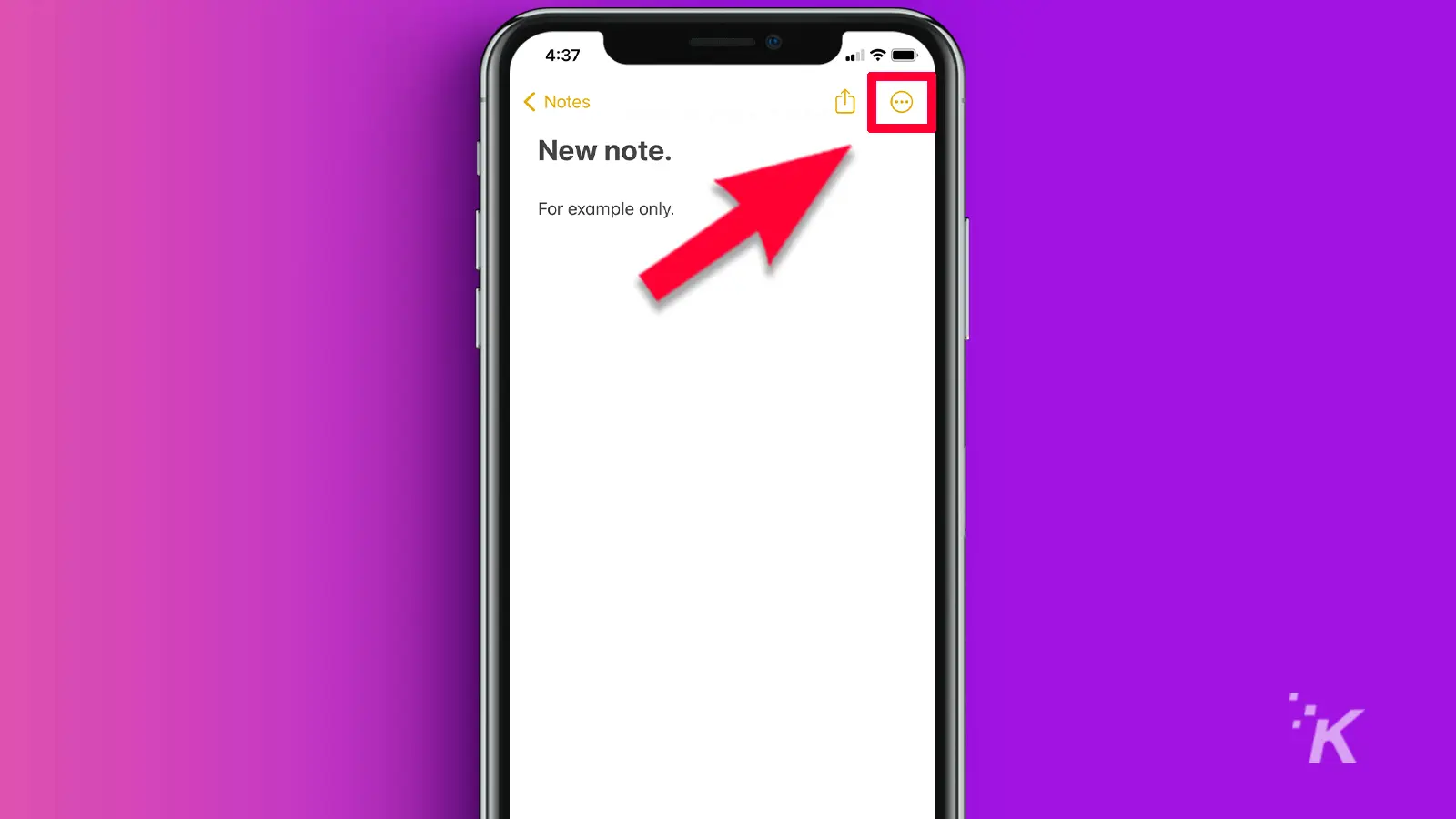 iPhone notes screen with red arrow pointing to the top left three dots