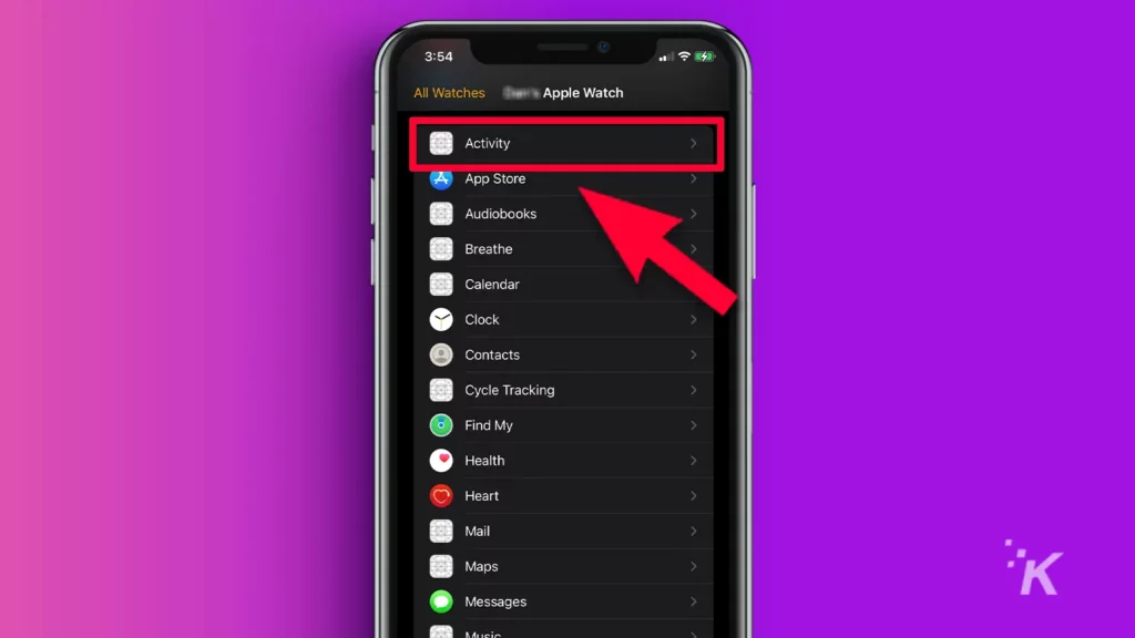 iPhone with arrow pointing to activity tab