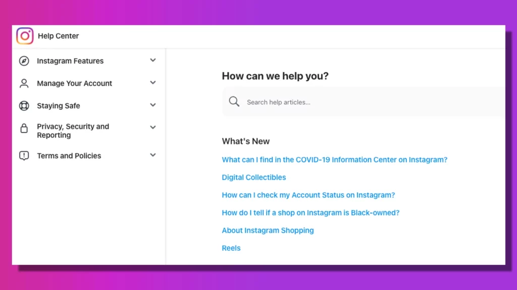 instagram help center screenshot on purple background
