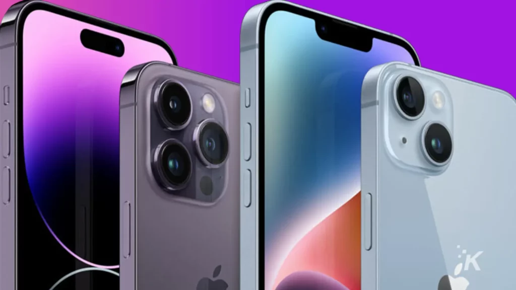 iPhones 14 and pro in purple background