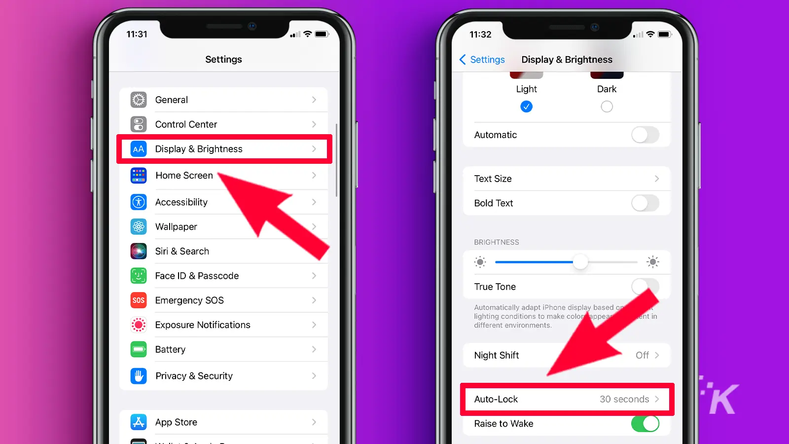 2 iPhones display & brightness screen in settings