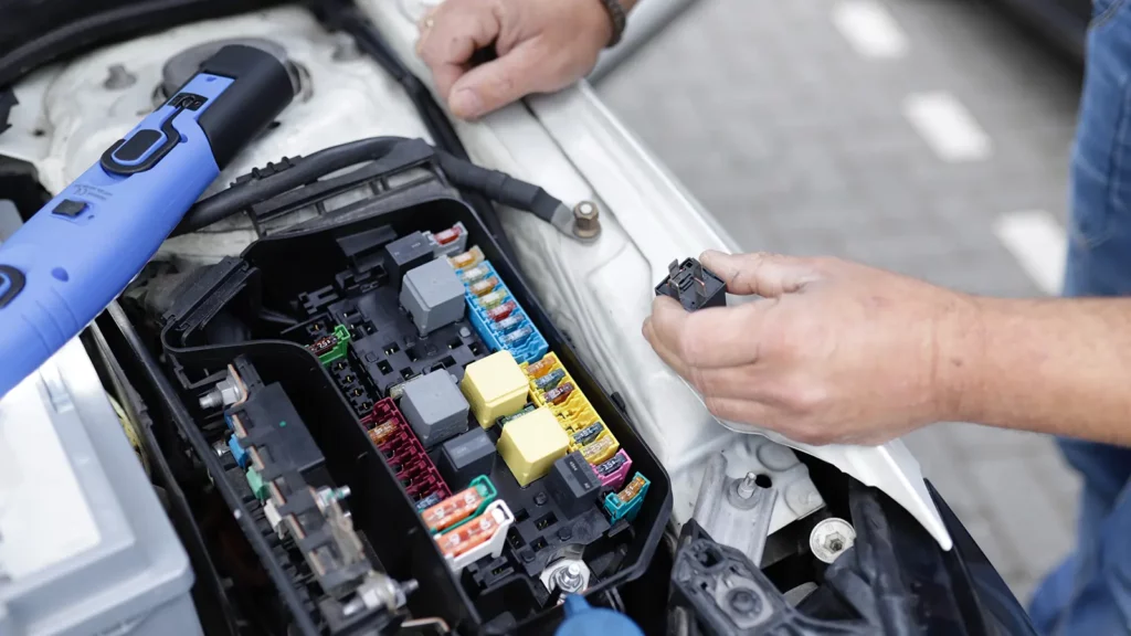 mechanic changing fuses in a car