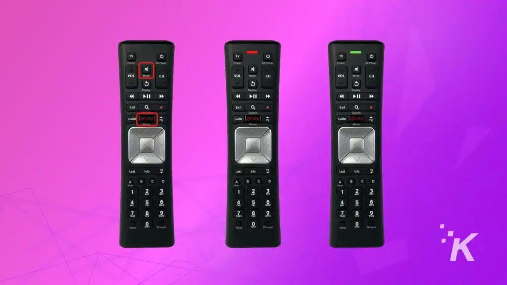 A set of xfinity remotes on the purple background