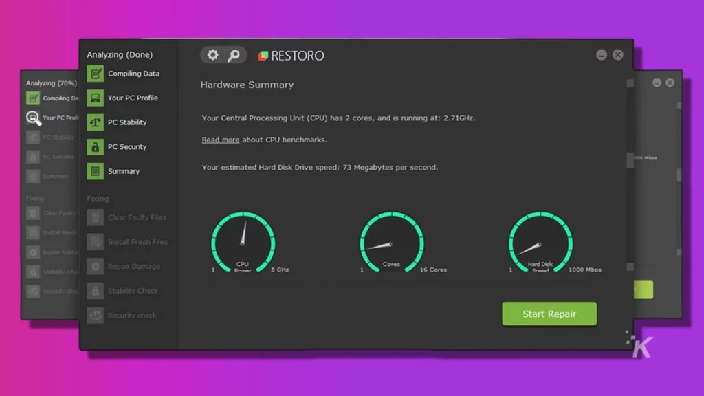 restoro pc repair dashboard on purple background