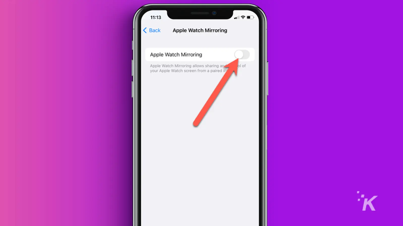 Apple watch mirroring on iphone setup toggle on purple background