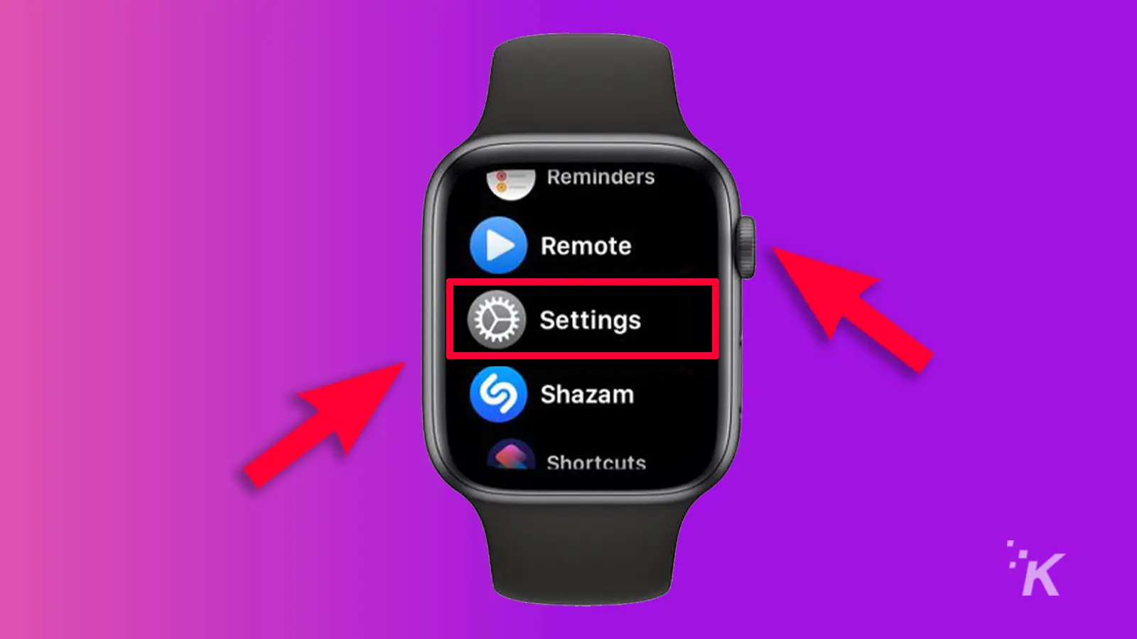 Apple Watch arrows pointing to the crown and setting