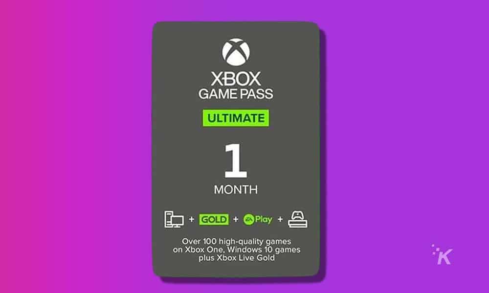 xbox game pass ultimate 1-month subscription card on a purple background
