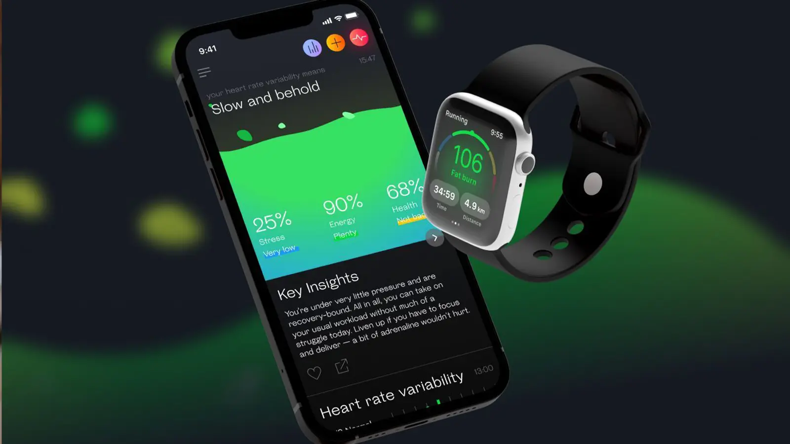 Apple watch and phone showing heart rate monitoring