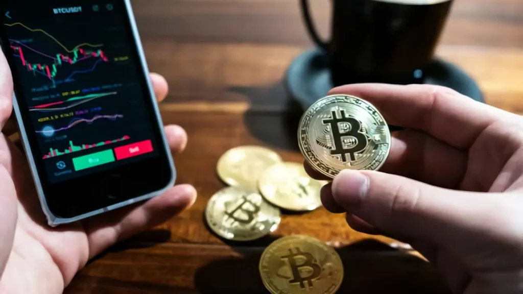 Person holding a bitcoin and a android phone