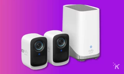 Eufy cameras on purple background