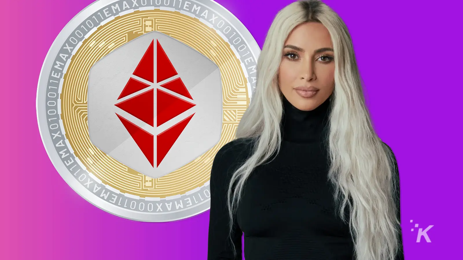 Kim Kardashian and Crypto coin in purple background