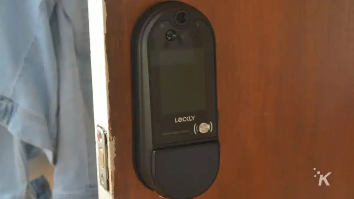 Lockly Vision Elite door lock on wooden door