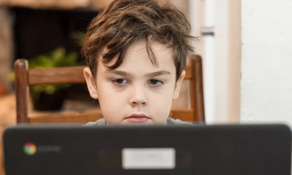 boy in front of a computer doing online tutoring