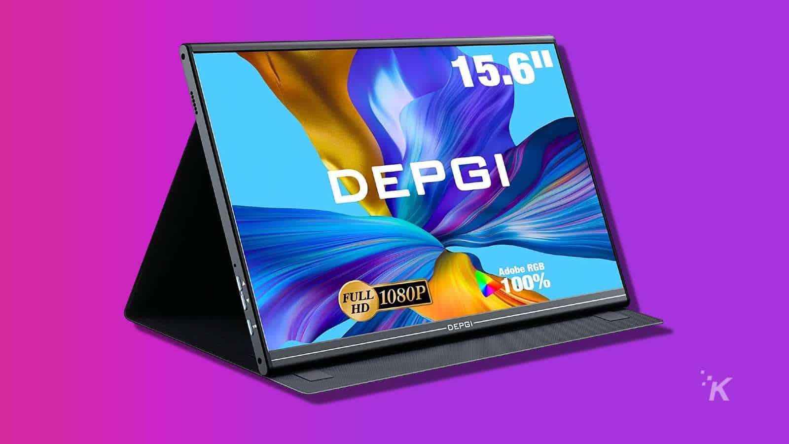 depgi 15-inch portalbe monitor display on a purple background