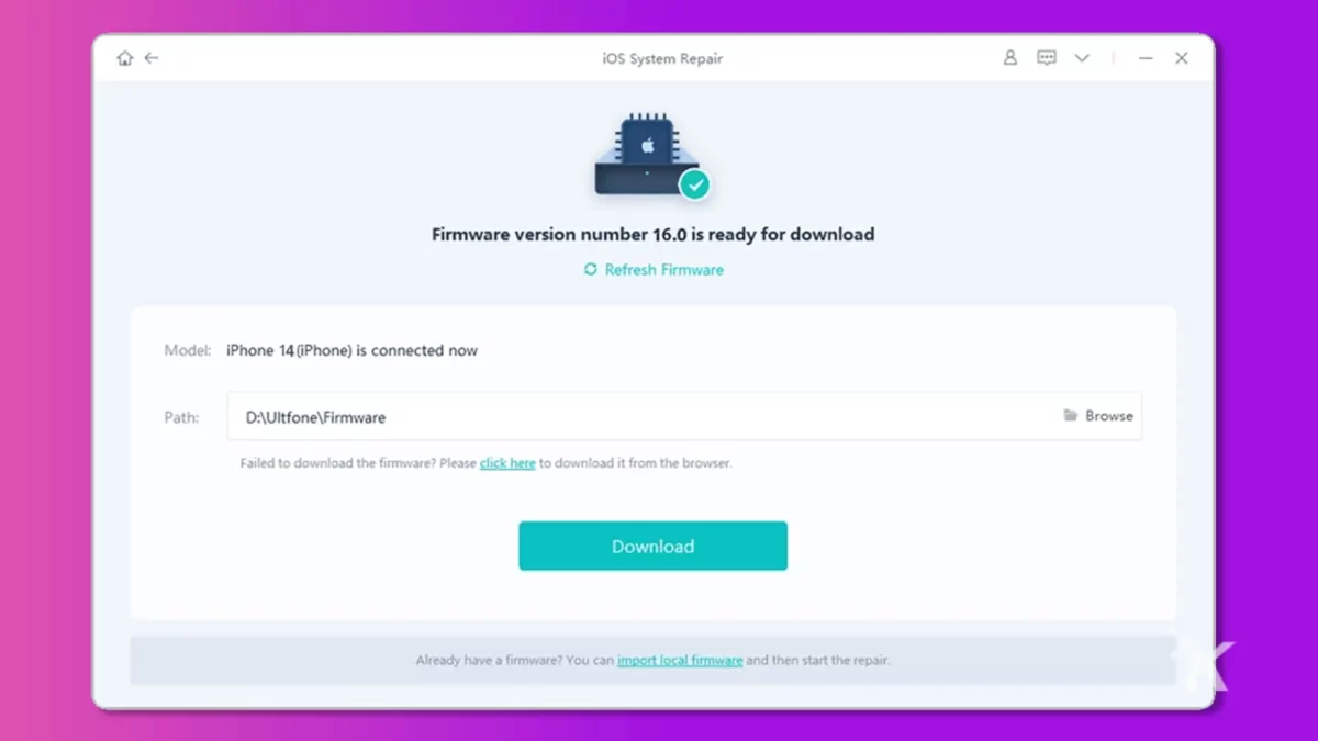 screen shoot of System Repair downloading firmware program on purple background