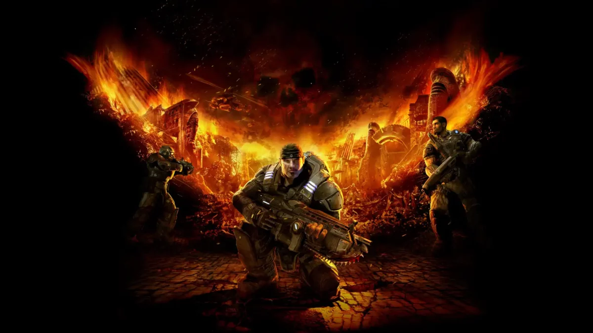 gears of war with firey cityscape background