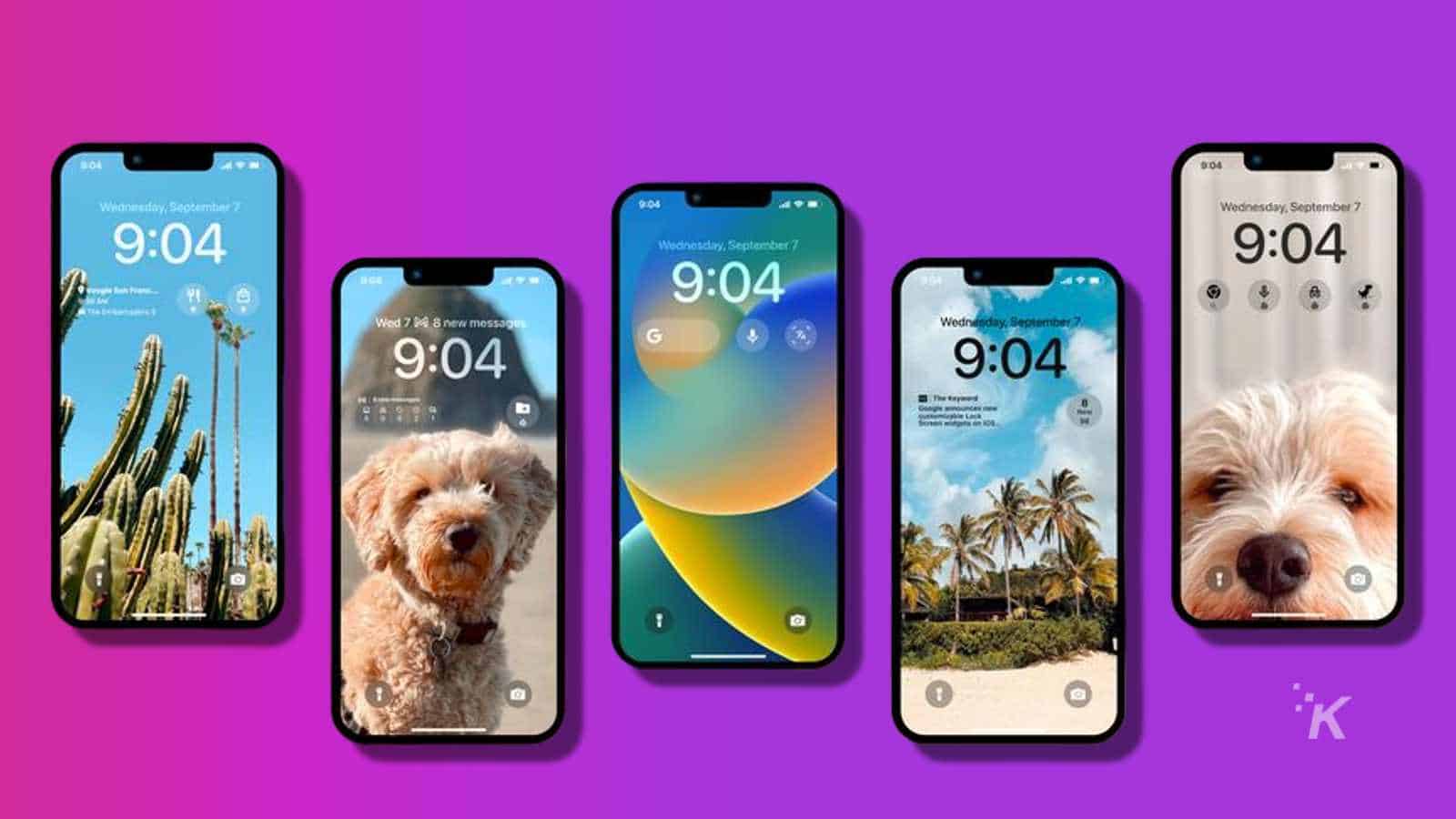 google ios 16 lock screen widgets displayed on iphone over a purple background