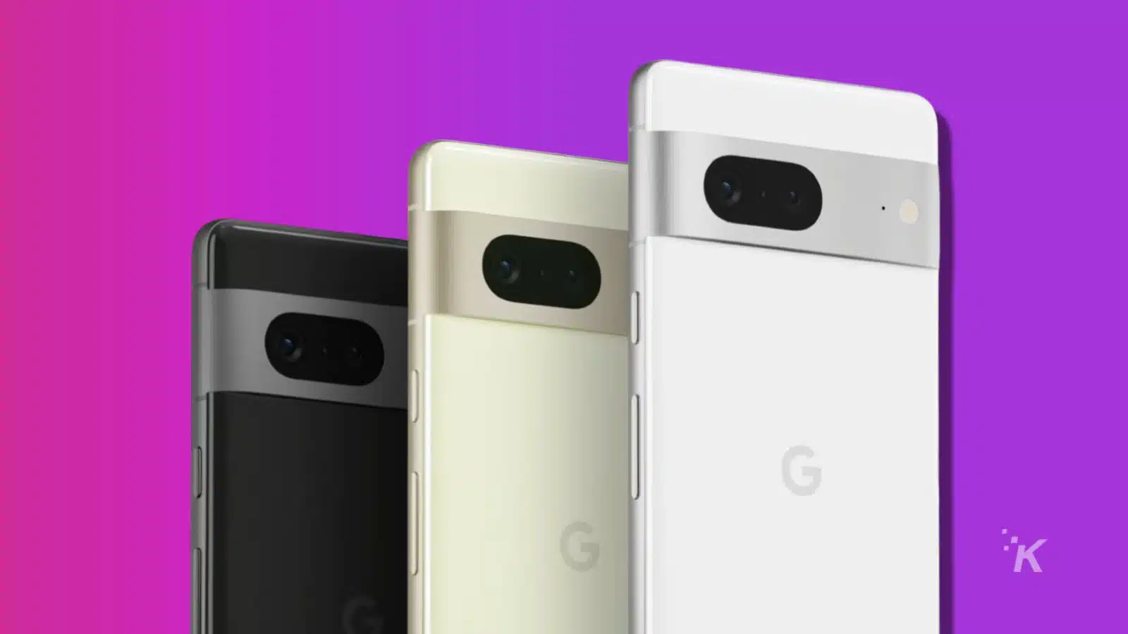 3 google pixel 7 smartphones over a purple background